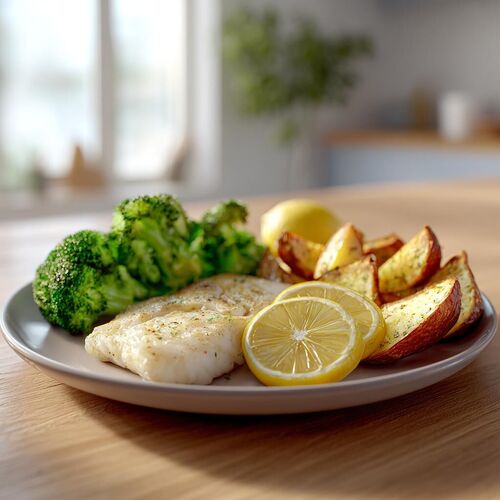 cod with potatoes and broccoli dinner