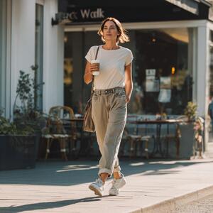 девушка идет со стаканчиком кофе