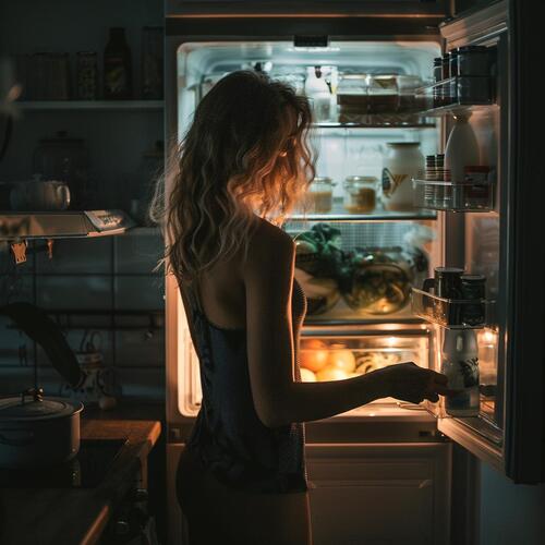 ночью девушка открывает холодильник
