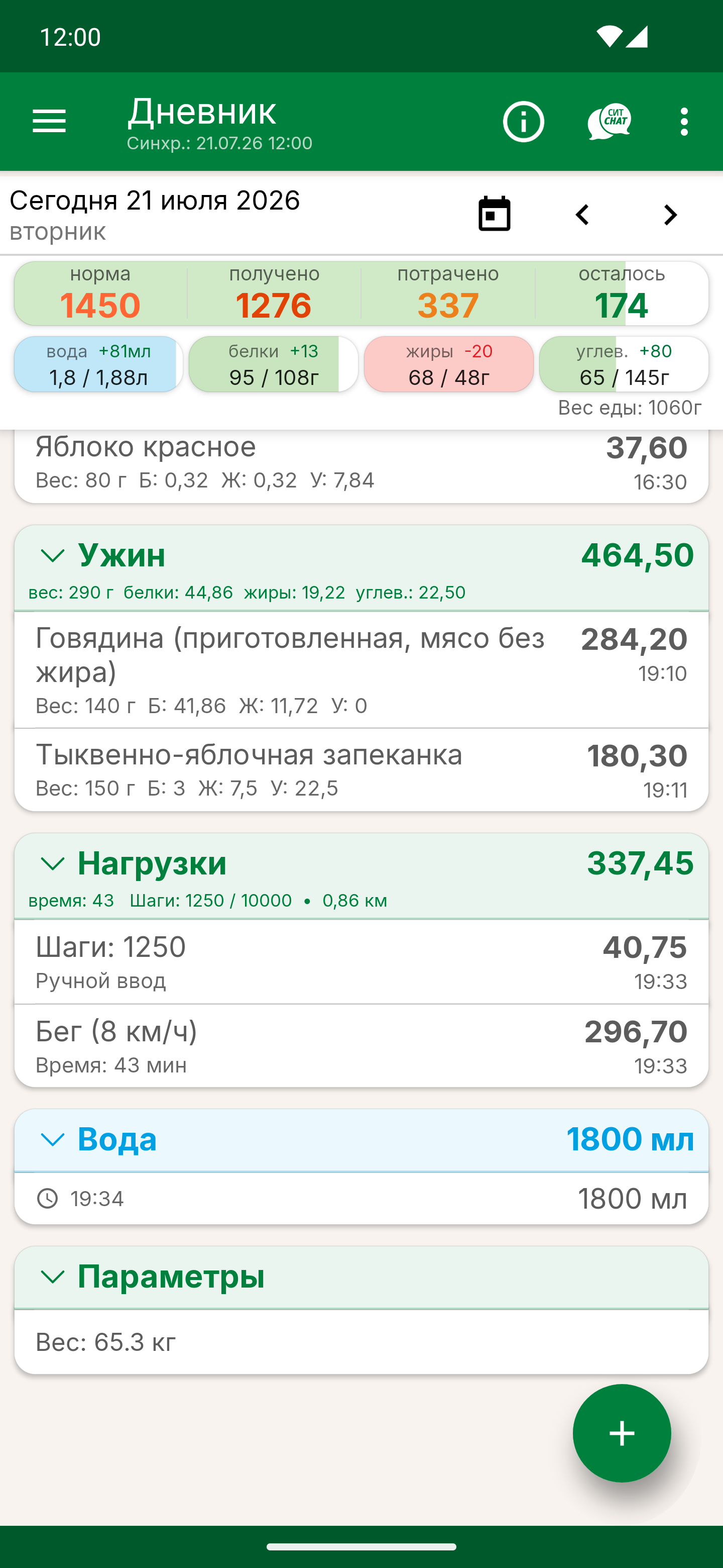 Дневник, низ экрана