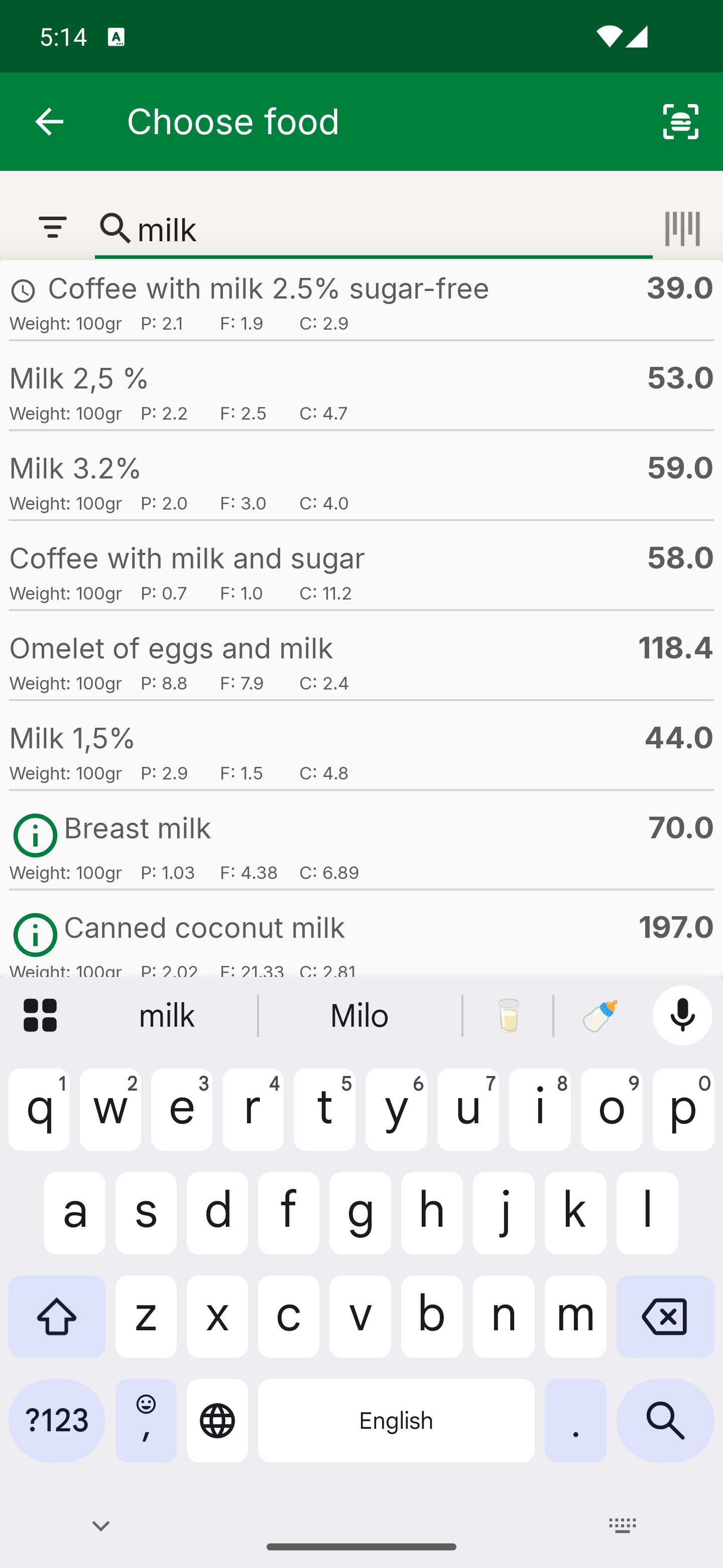 The "Select food" screen